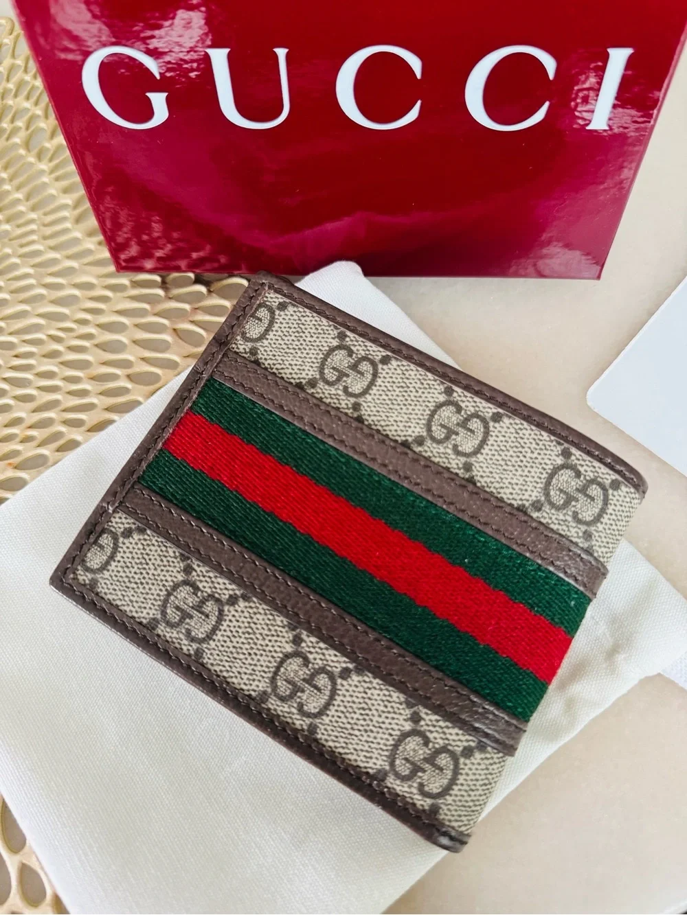Gucci Beige GG Supreme Men’s Wallet  with Green-Red Web and Gold GG